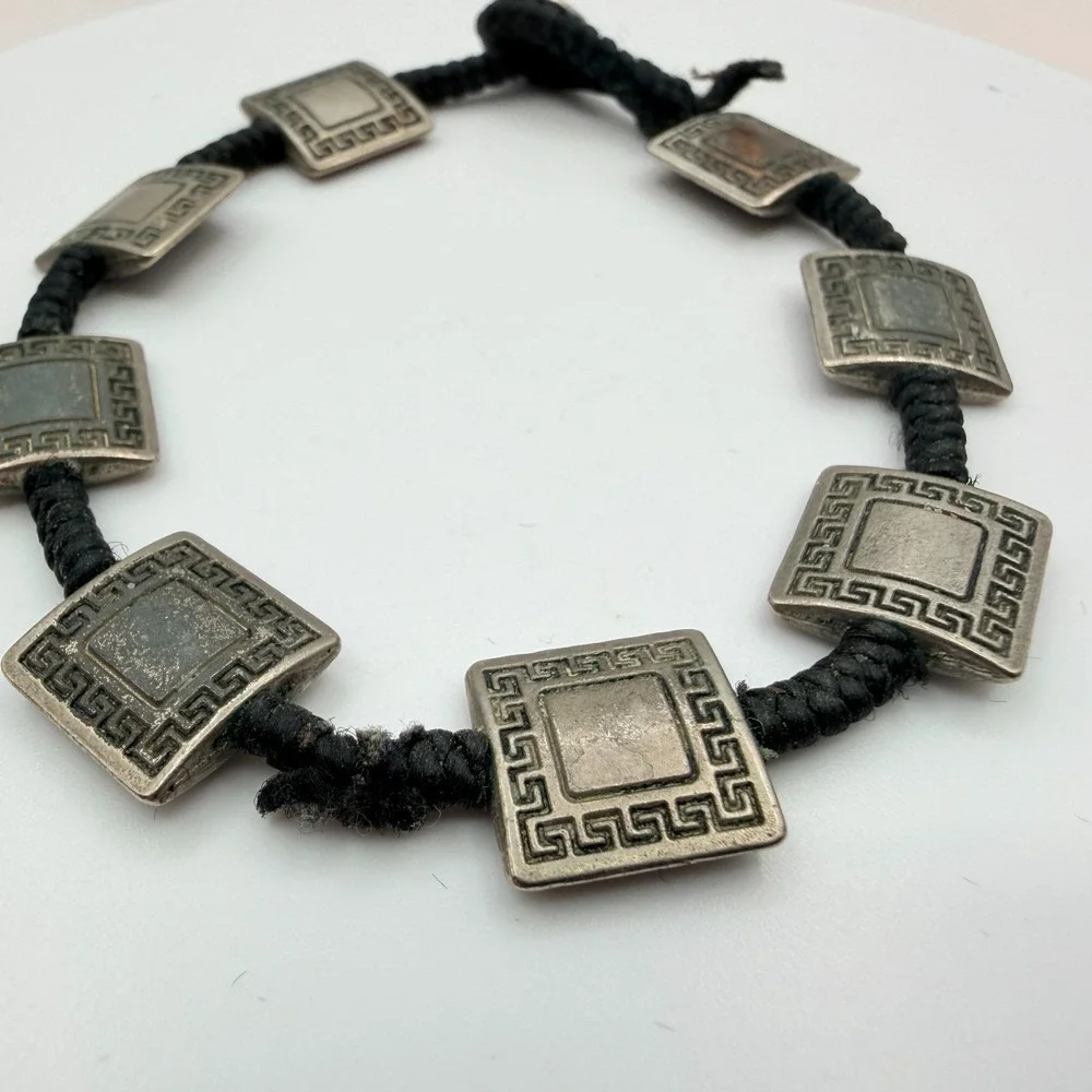 VTG Y2K Silver Tone Square Greek Key‎ Panel Bracelet Black Cord Women's Jewelry